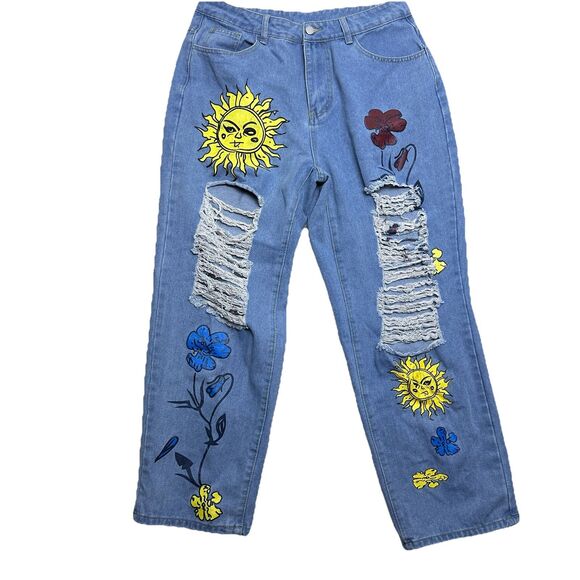 SHEIN 0XL Distressed Patch Jeans Sun Flower Graphic Denim Pants Boho Y2K Style - Picture 11 of 11